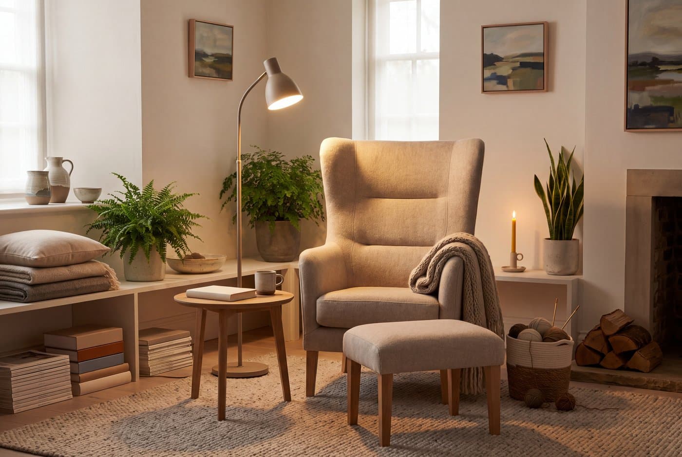 A high-backed reading armchair in oatmeal wool with head support, a footstool, and a floor lamp angled over the shoulder from behind