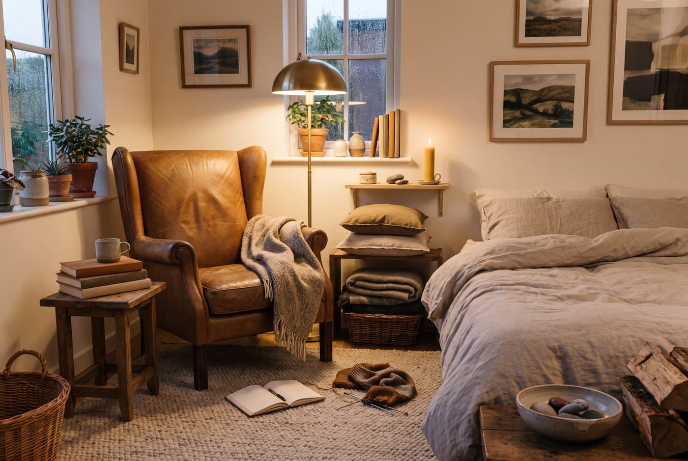 A bedroom reading nook with a high-backed chair in the far corner, a floor lamp and a small table, with the bed visible beyond