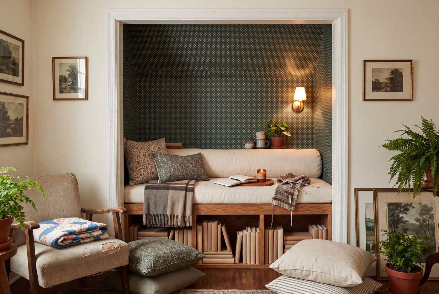 A closet converted into a reading nook, door removed, with a cushioned bench, bolster pillows and the interior papered a deep color