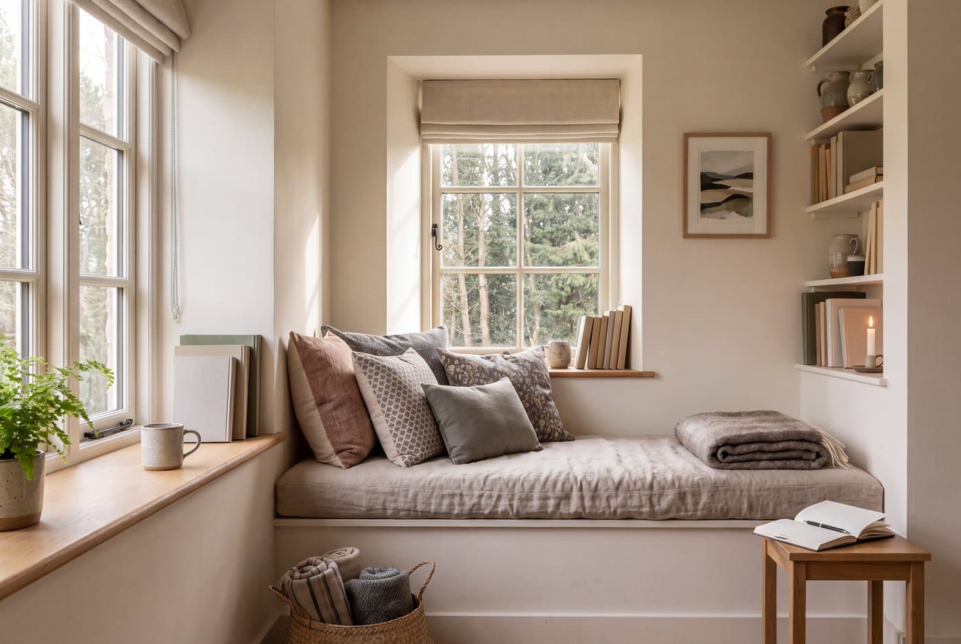 A window reading nook with a cushioned seat in the recess, daylight arriving from the side, pillows against the reveal and a deep sill