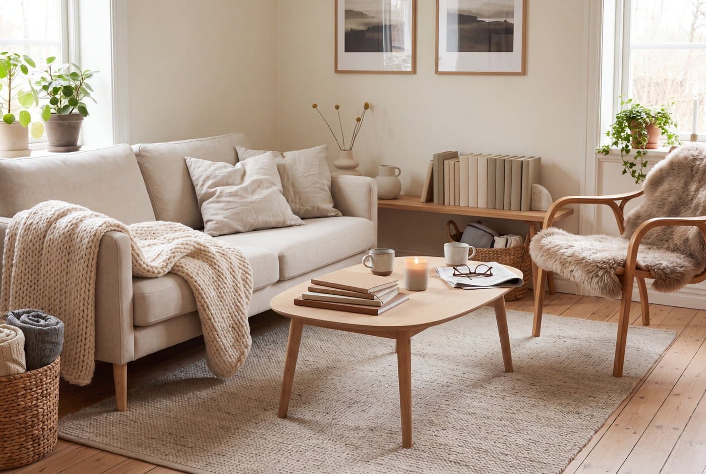 A Scandinavian living room close on a pale wool sofa with visible legs, a sheepskin over a bentwood chair and a chunky knit throw