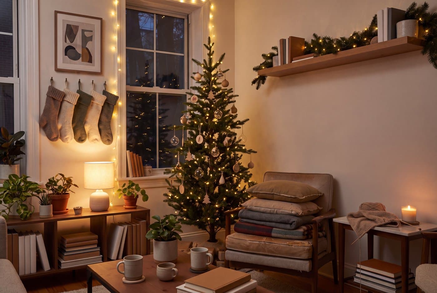 A small apartment at Christmas with a single narrow tree in the corner, garland along a shelf edge and lights around the window frame