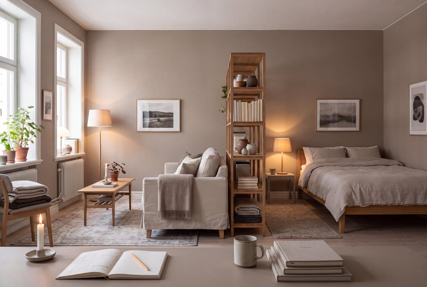 A studio apartment zoned with furniture: an open-backed shelf unit screening the bed, a sofa with its back to it and a rug defining the living area