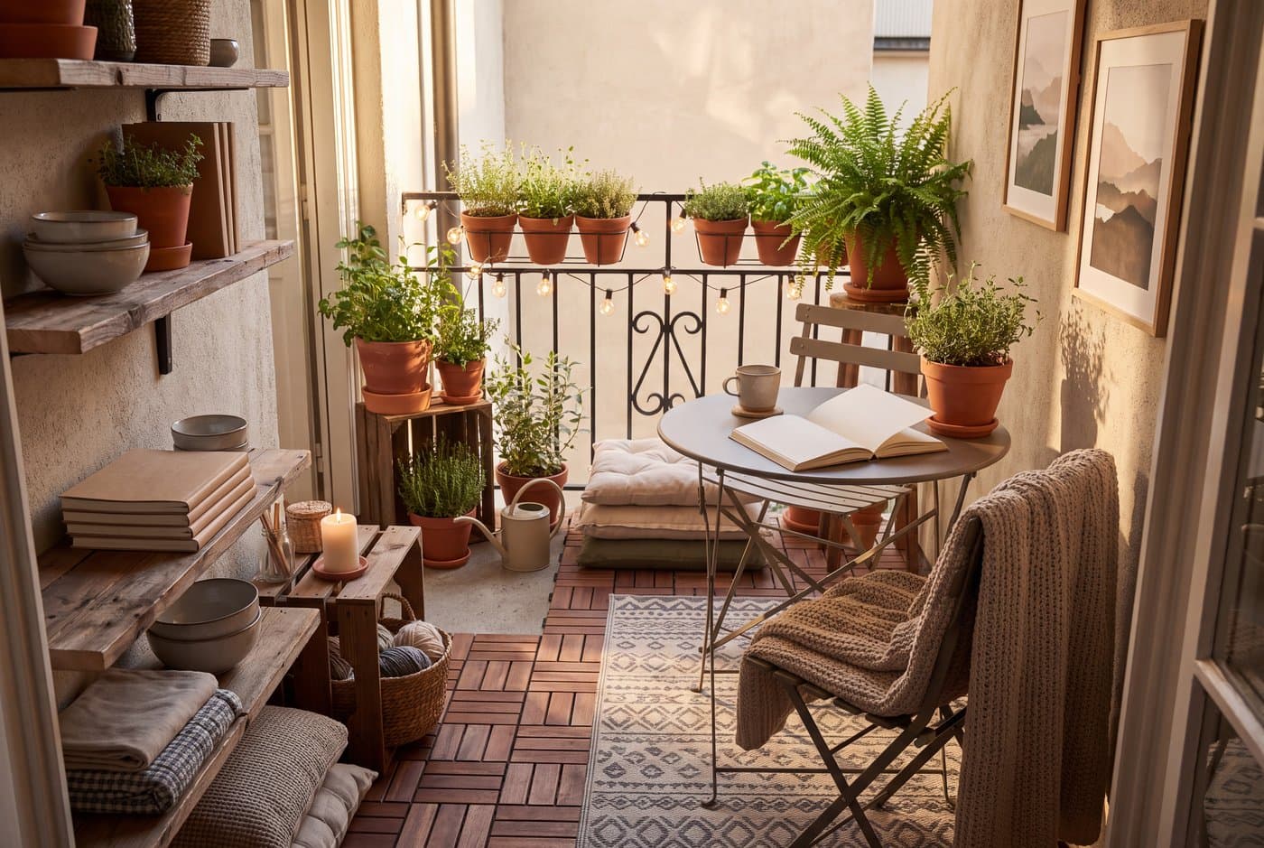 A small balcony treated as a room, with interlocking wood deck tiles, two folding bistro chairs, a small round table and pots of herbs