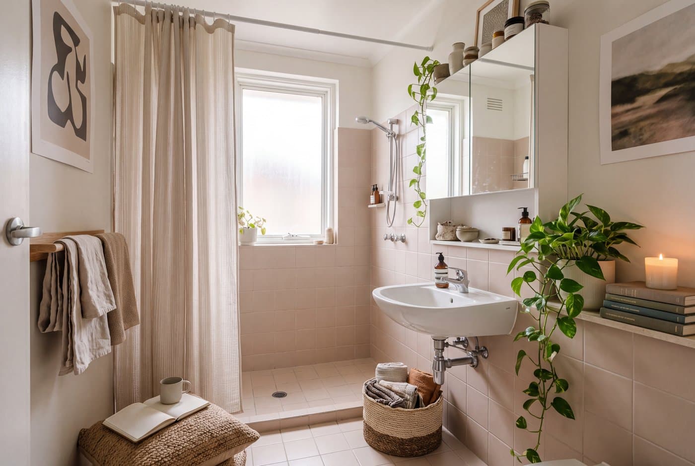 A small apartment bathroom with a wall-hung basin showing floor beneath, a mirrored cabinet and a shower curtain hung at ceiling height