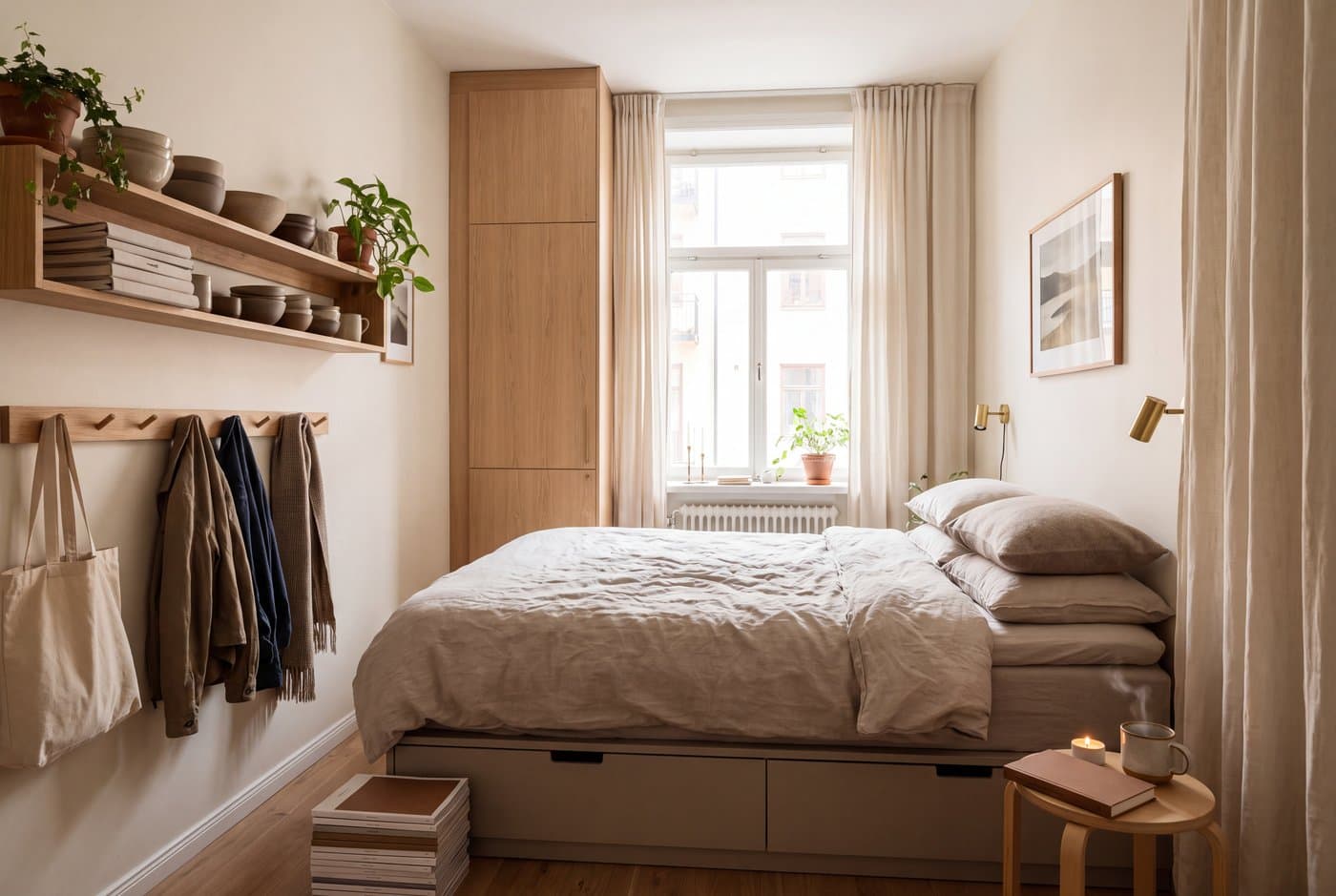 A small apartment bedroom with under-bed storage, a floor-to-ceiling wardrobe, wall hooks and a wall shelf in place of a chest of drawers