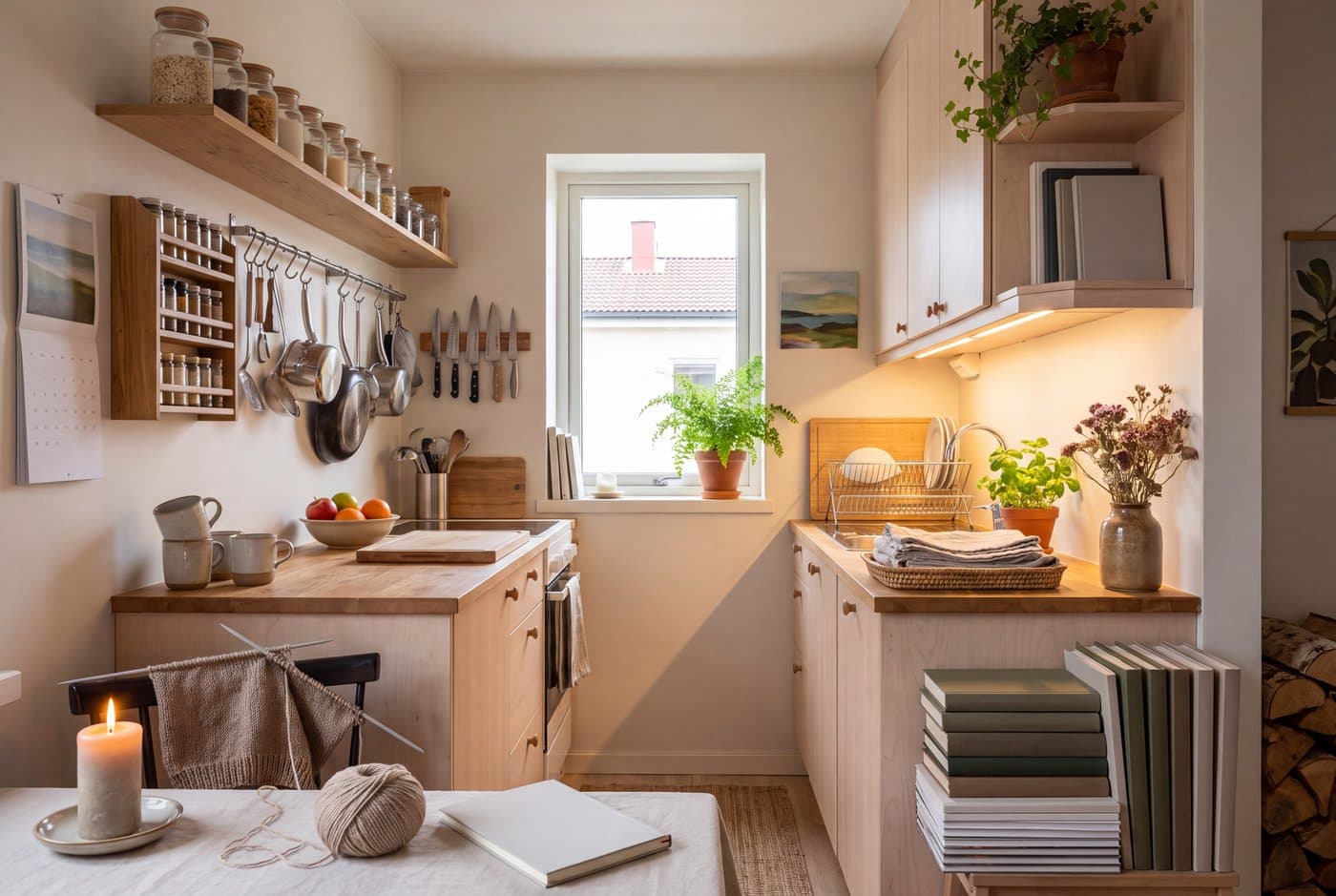 A small apartment kitchen with utensils on a wall rail, a magnetic knife strip, matching decanted jars and a clear countertop