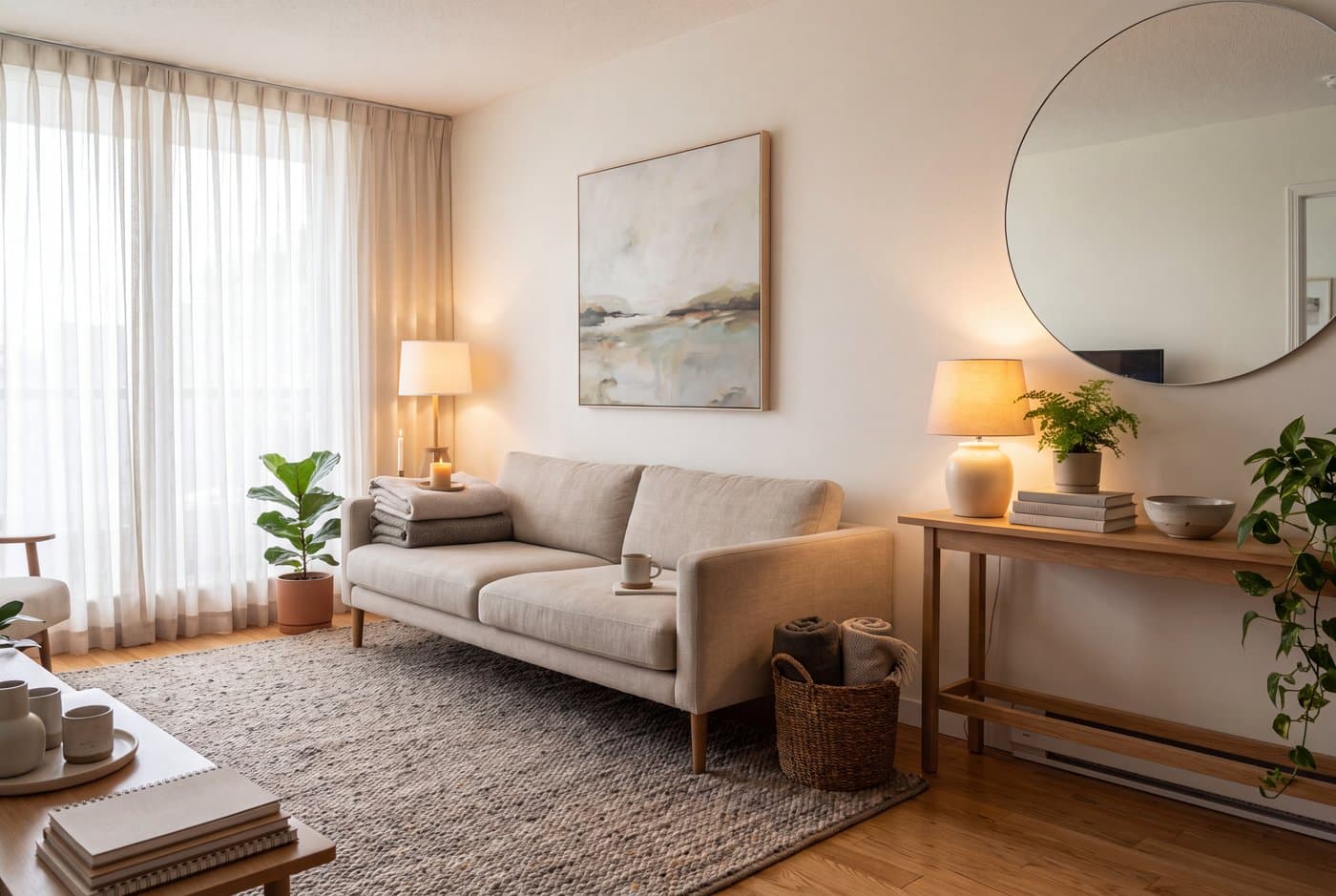 A small apartment living room with one properly sized sofa on visible legs, a large mirror and curtains taken to the ceiling