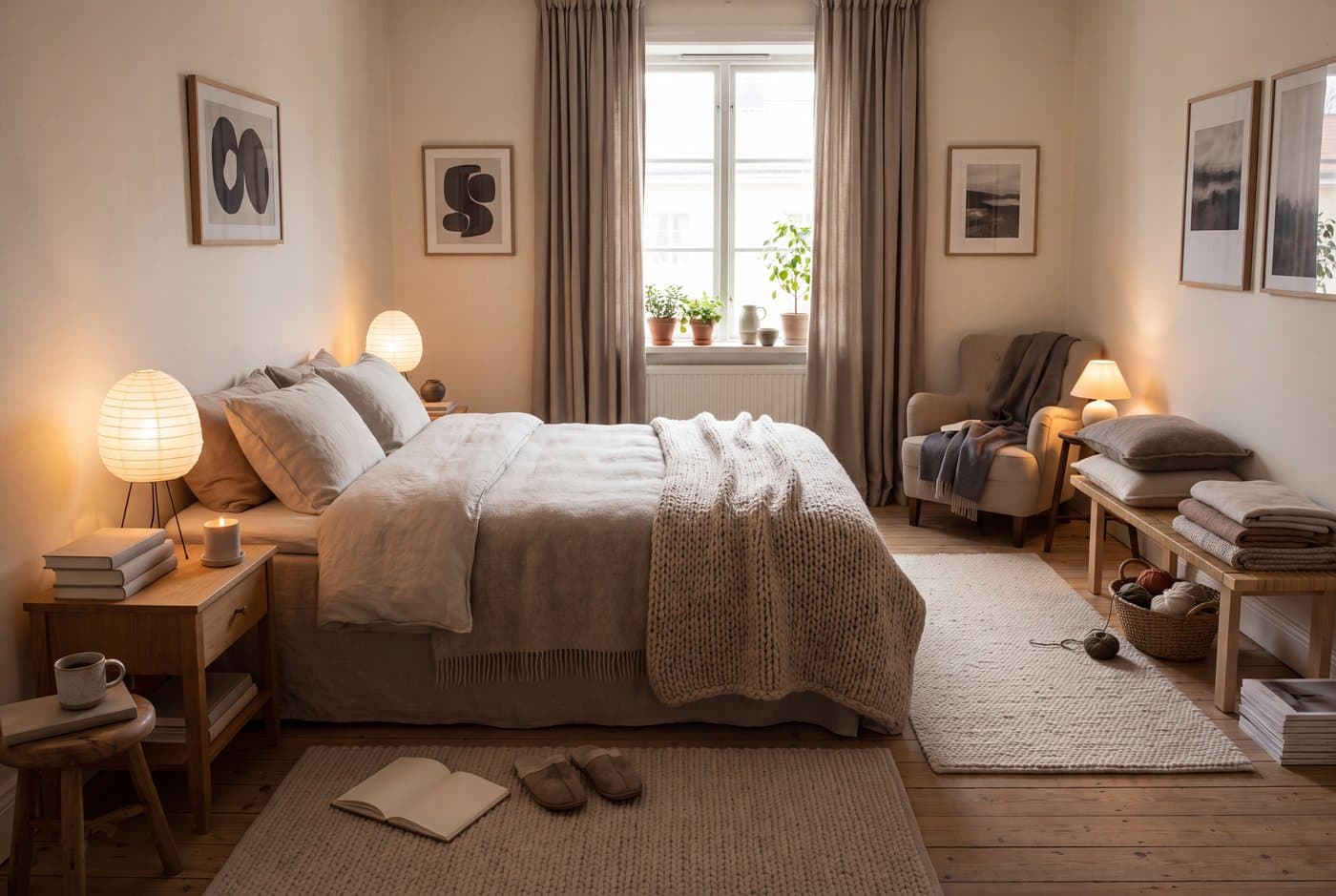 A hygge bedroom with layered bedding in four weights, two shaded bedside lamps, wool rugs each side and a blanket over a corner chair
