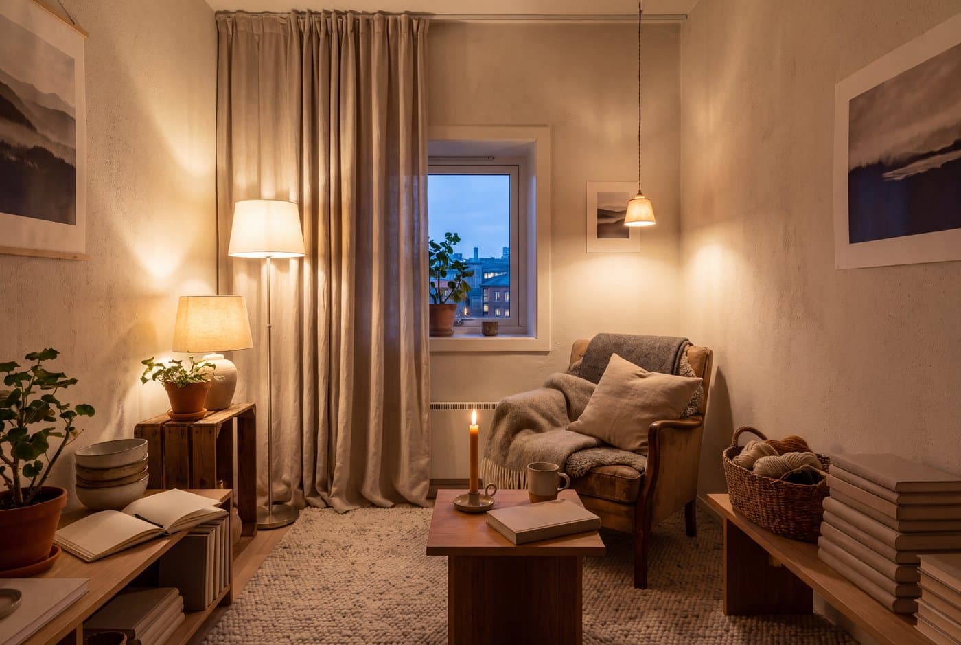 A small hygge apartment corner with three lamps at different heights, a wool rug, layered throws and a defined reading chair