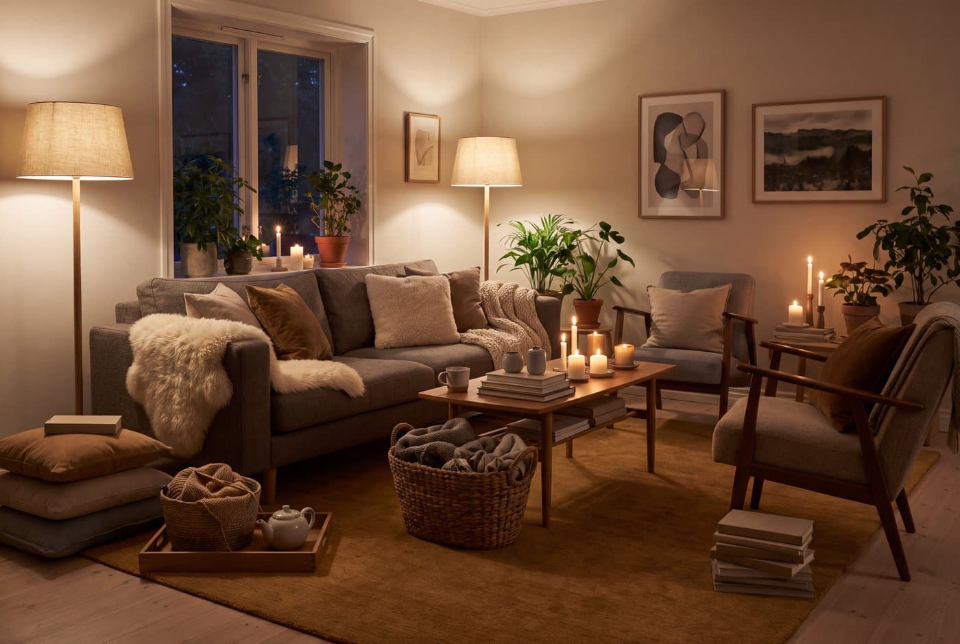 A hygge living room lit only by lamps and candles, with a deep wool sofa, a sheepskin over one arm and a chunky knit throw
