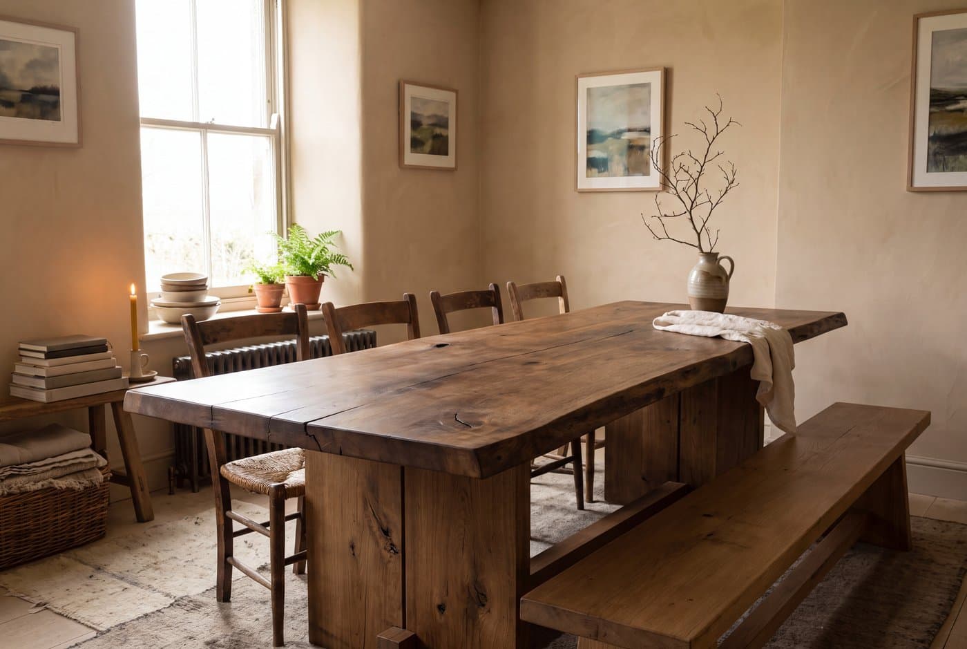 A wabi-sabi dining table in solid timber with a live edge and filled splits, surrounded by mismatched wooden chairs and a long bench