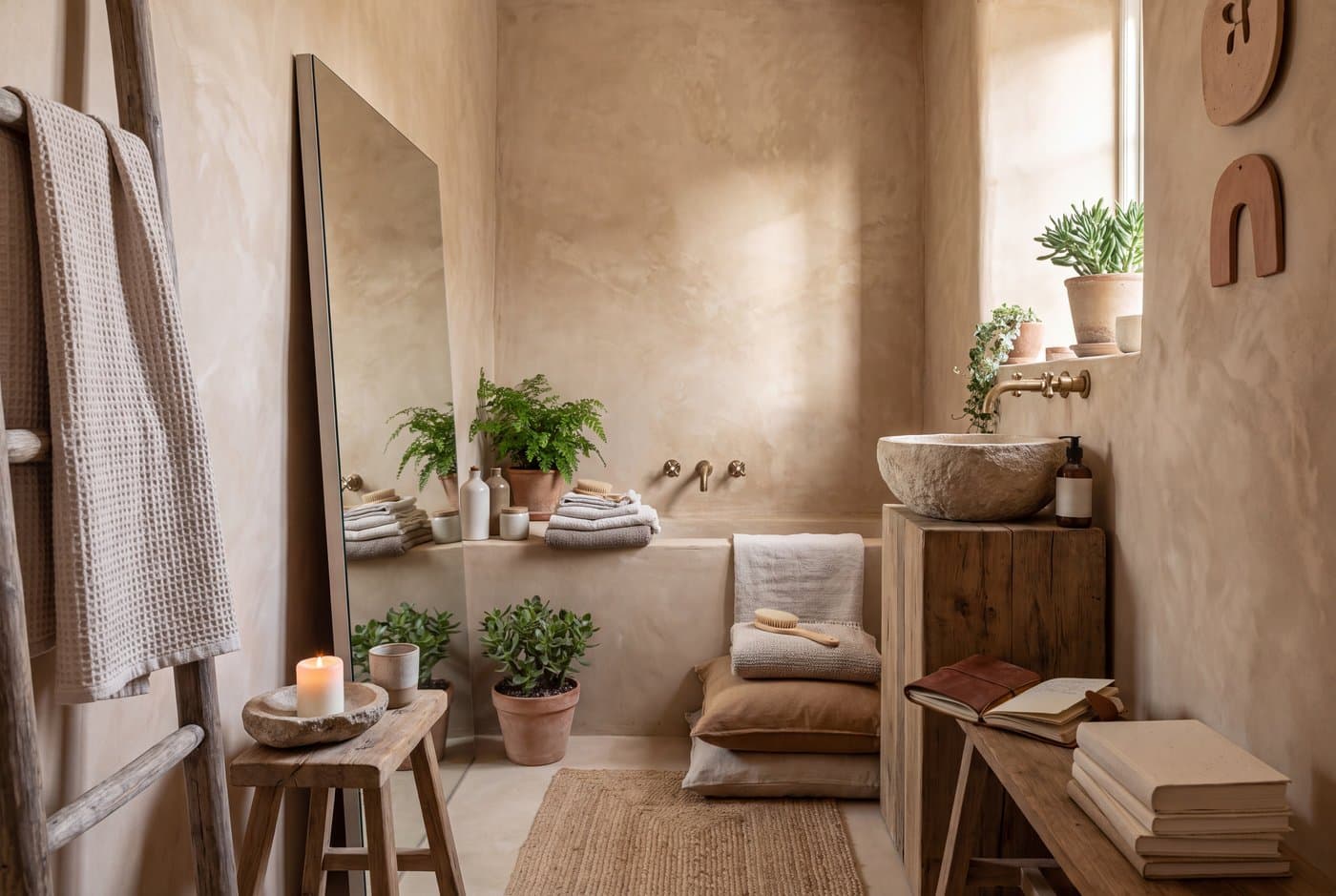 A wabi-sabi bathroom in tadelakt with a stone basin, a timber plinth vanity, aged brass fittings and undyed linen towels
