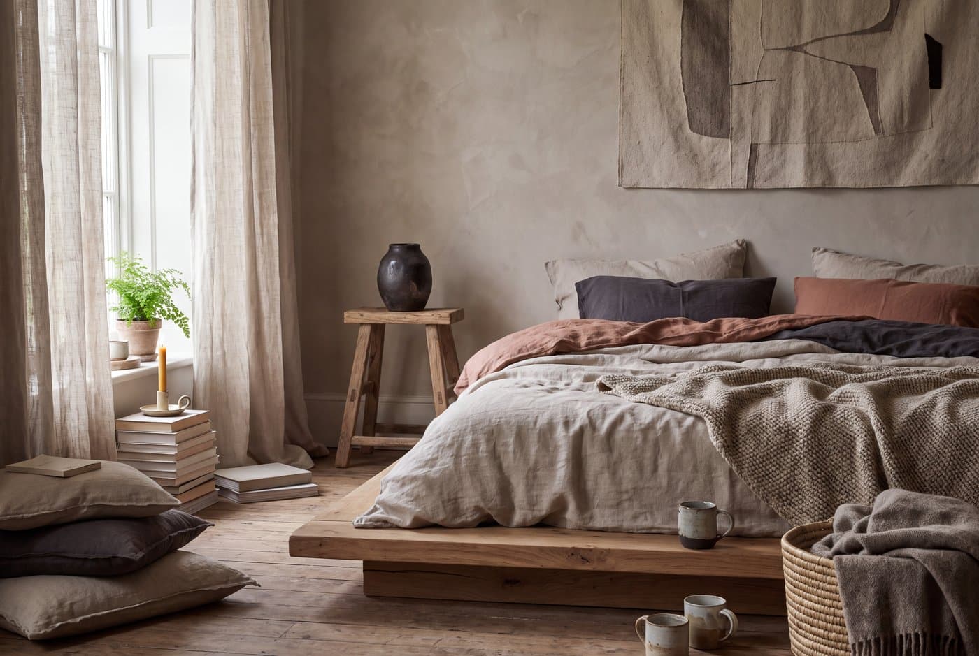 A wabi-sabi bedroom with a low solid wood platform bed, unironed washed linen in bone and clay, and a limewash wall behind