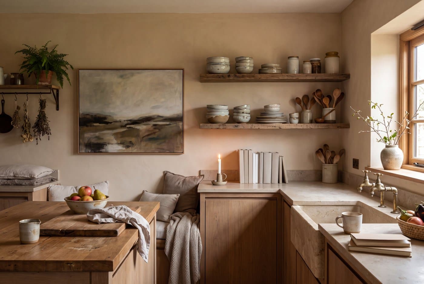 A wabi-sabi kitchen with unsealed stone countertops, limewash walls, reclaimed timber shelving and handmade ceramics on display