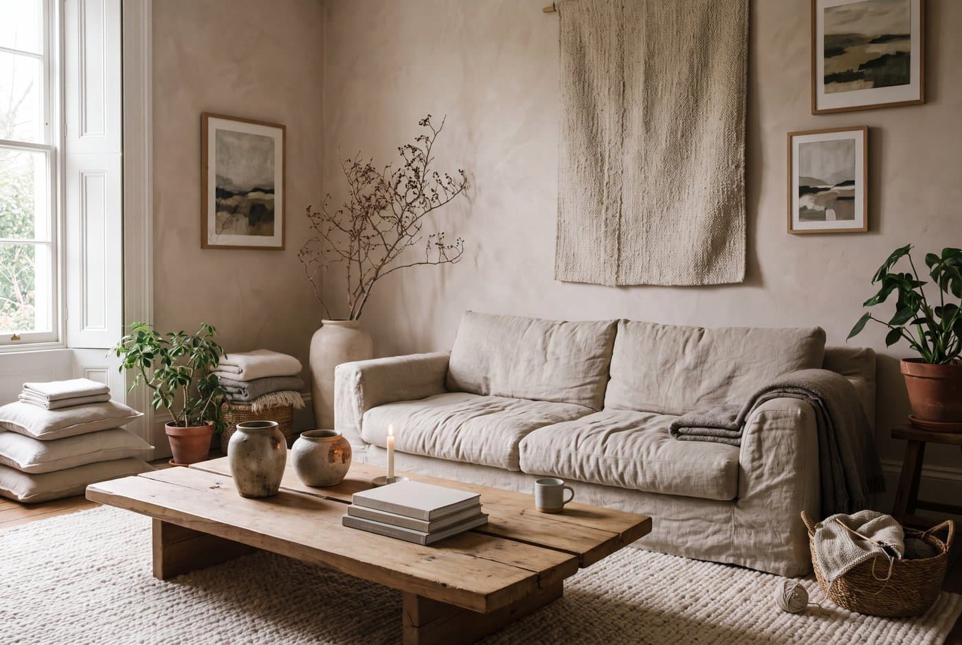 A wabi-sabi living room with a low slouchy oatmeal sofa, a reclaimed timber table, limewash walls and a dried branch in a tall vessel