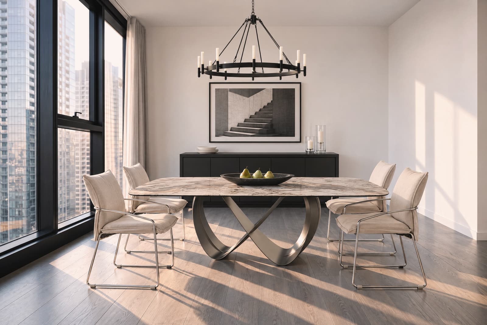 The room shown organizes around a single architectural statement, allowing shape and material to define the dining space.