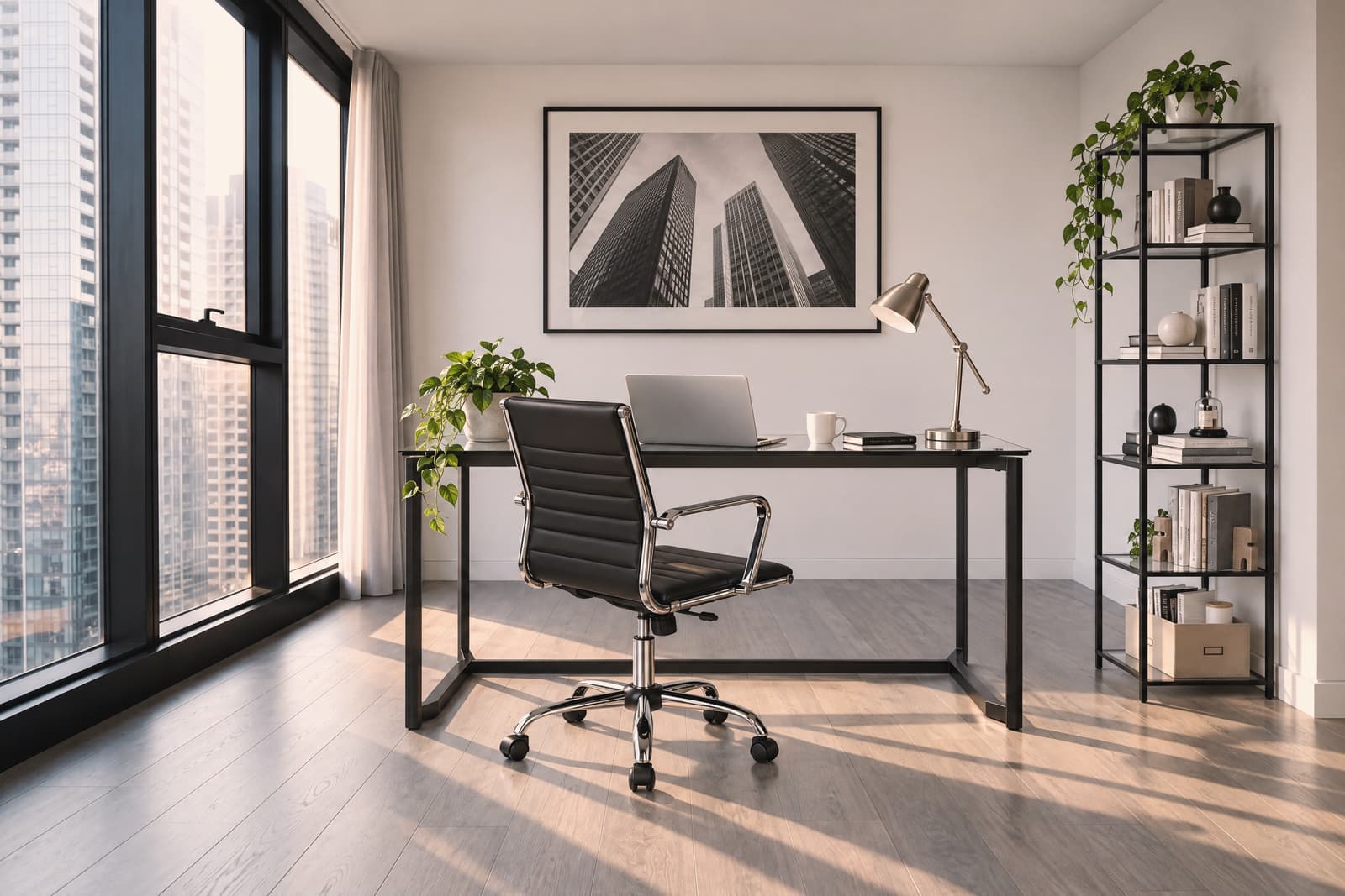 The contemporary home office shown in the room relies on crisp geometry, transparent surfaces, and an airy atmosphere.
