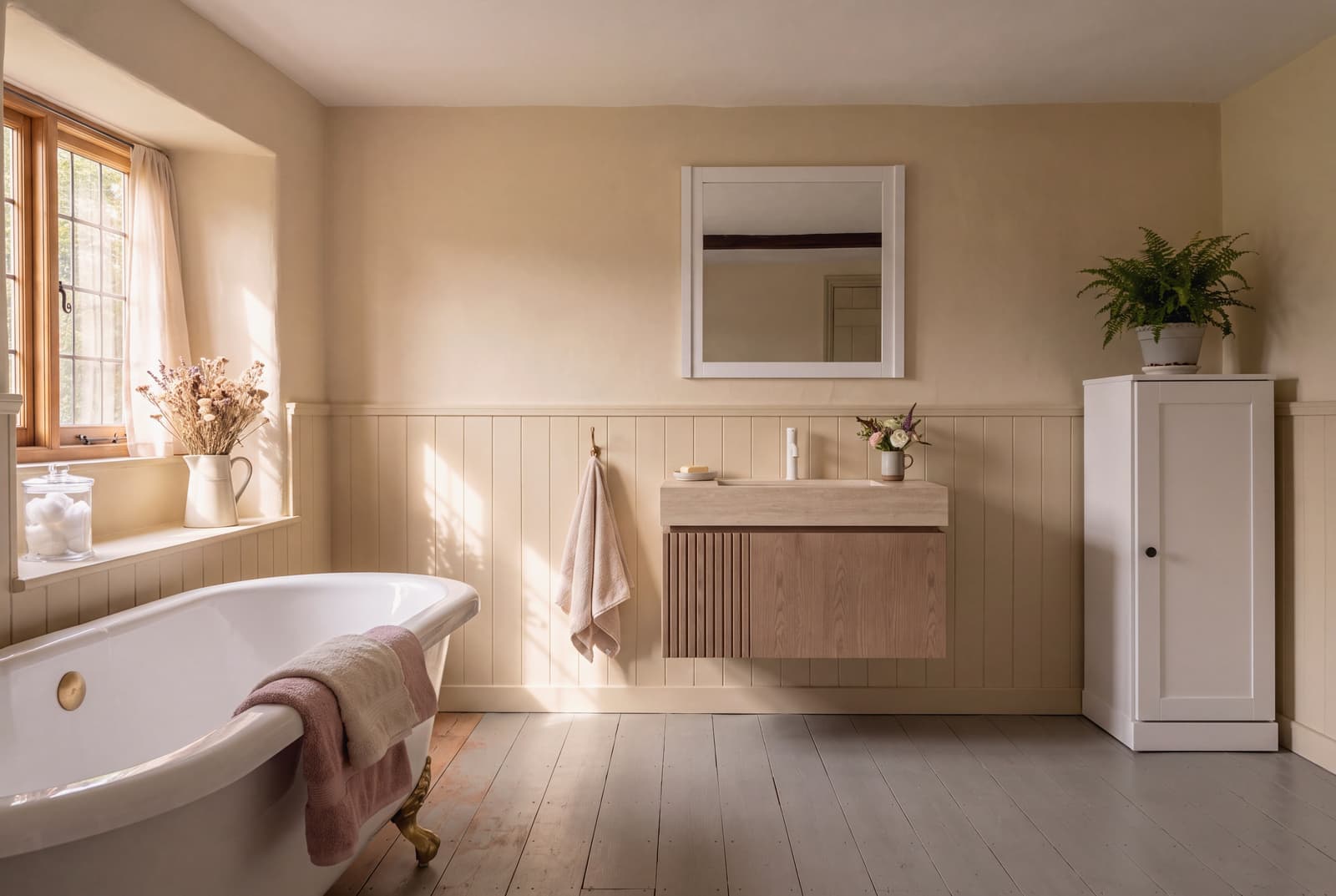 Butter-toned walls, painted floorboards, and a roll-top bath on brass feet form the shell of this bathroom.