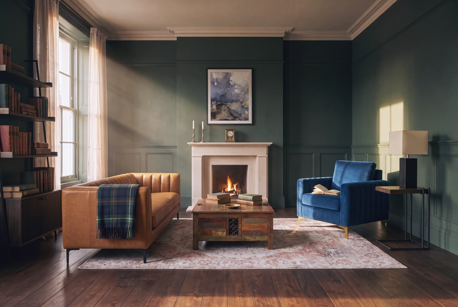 A living room with dark walls creates an immediate atmosphere of intimacy, quiet, and retreat.