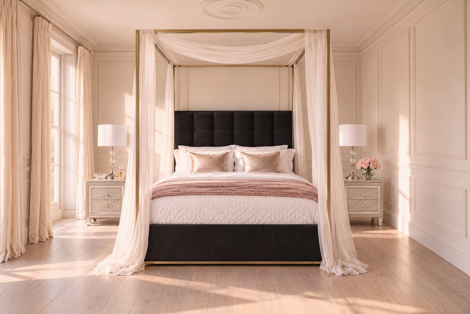 The room shown pairs quiet neutrals with reflective accents to create an open, luminous space.