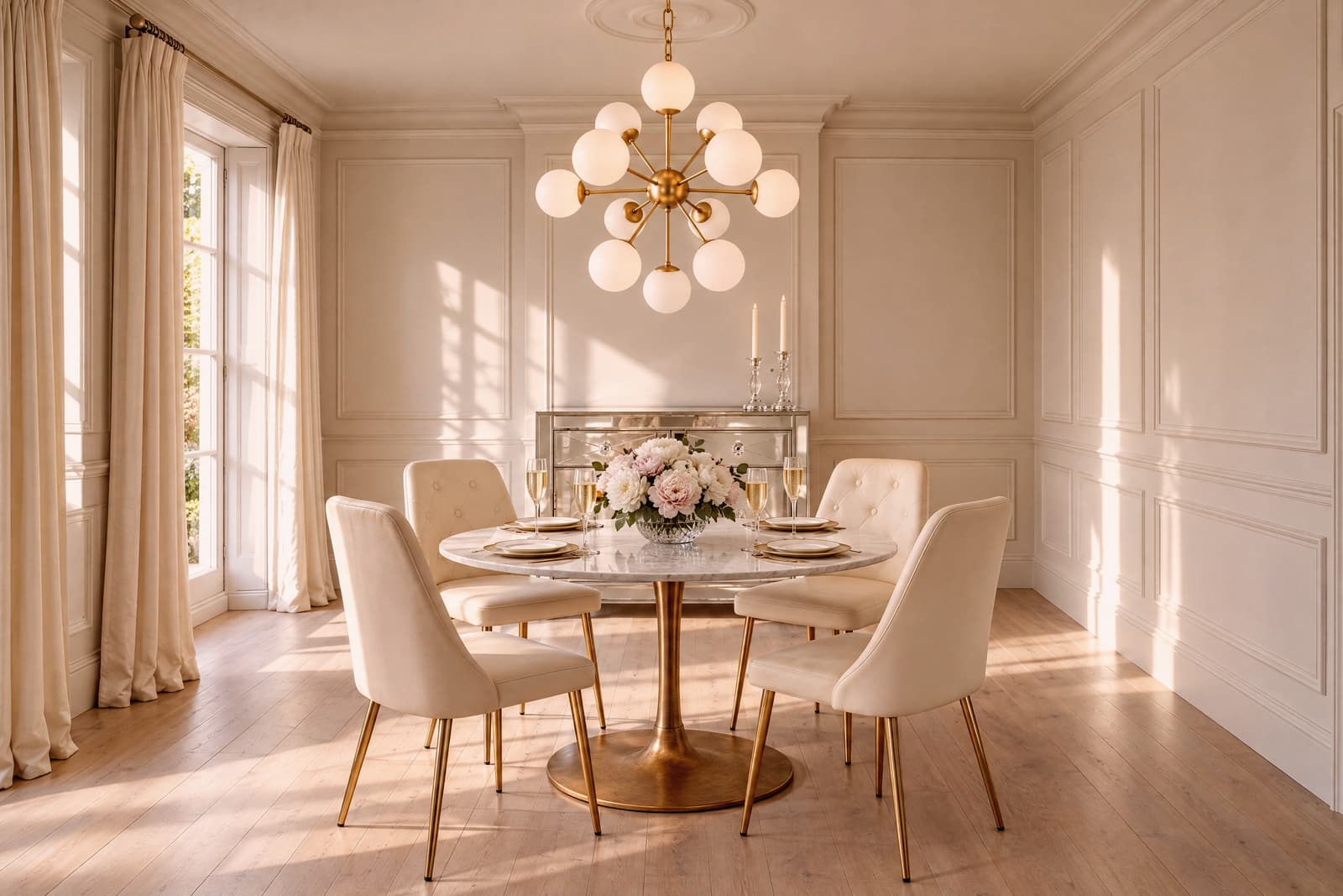 The glam dining room shown above brings warmth, symmetry, and refined polish together in a single coordinated space.