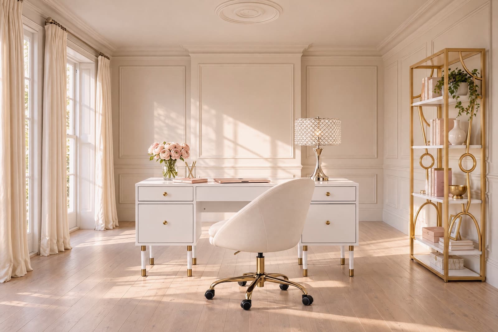 A glam office brings the luxury of a classic dressing suite into an efficient work environment.