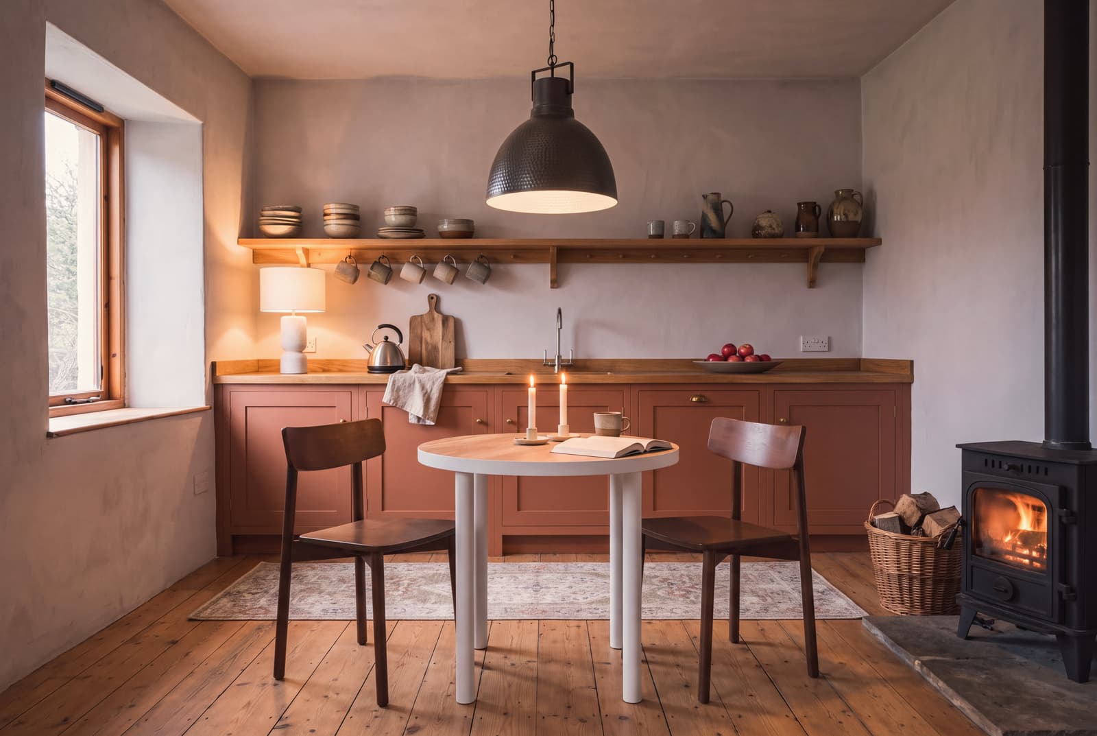 A hygge kitchen welcomes people to sit down and stay.