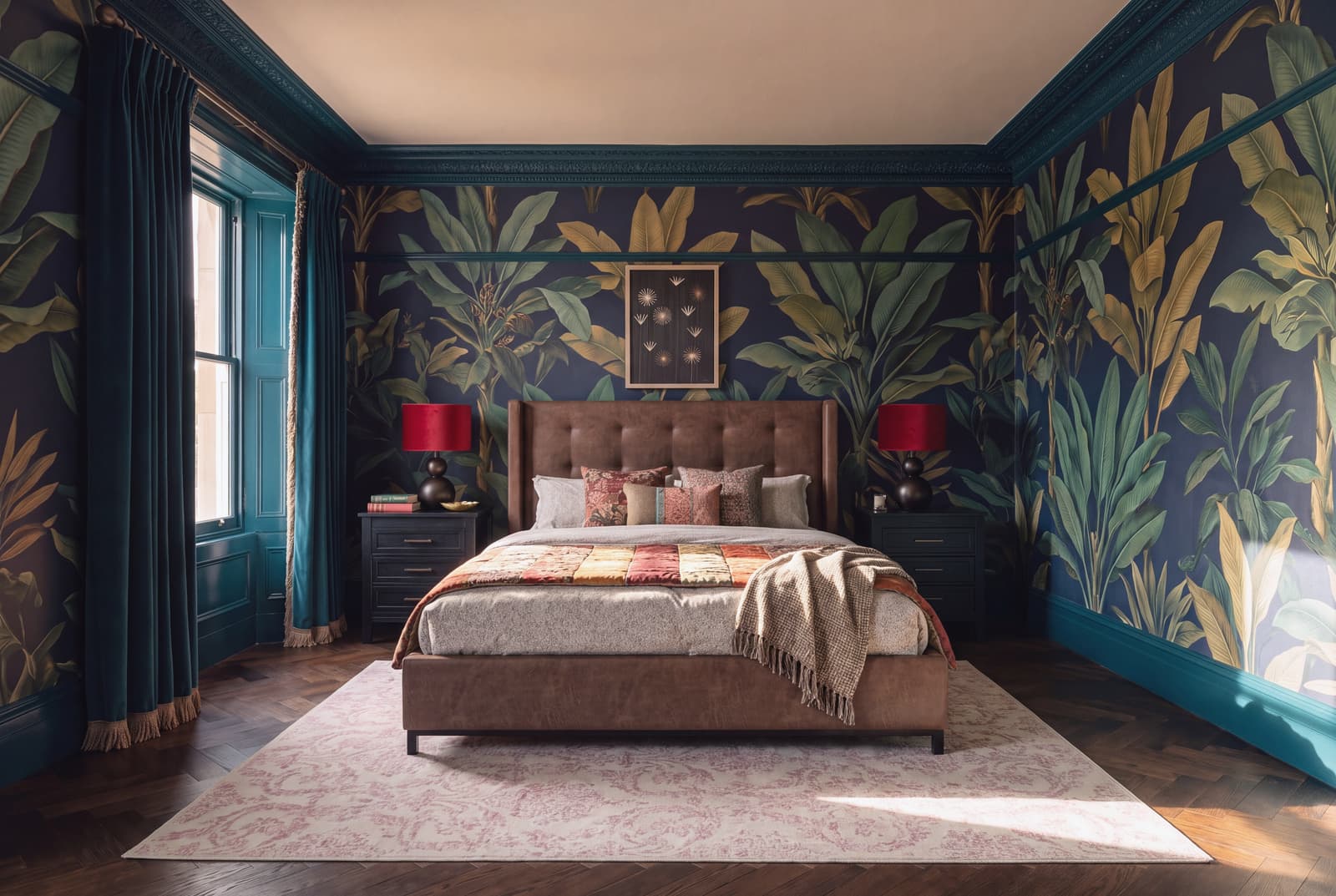 A maximalist bedroom balances visual abundance with restful sleep.
