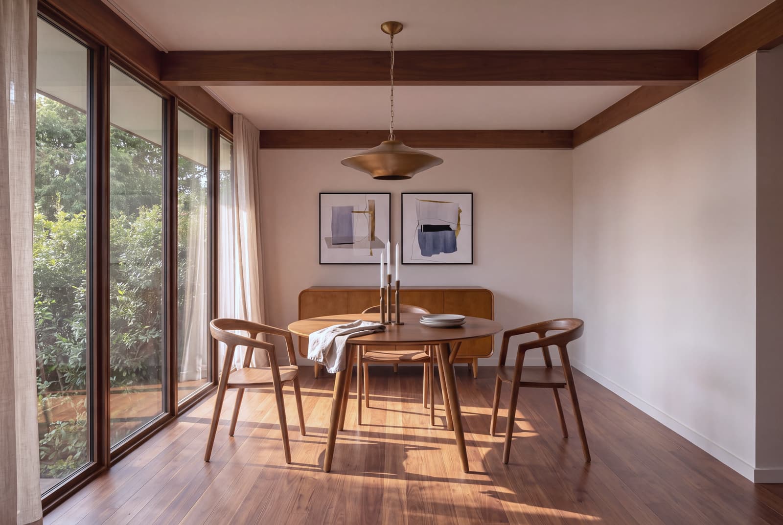 A mid-century modern dining room succeeds through clarity of geometry and honest materials.