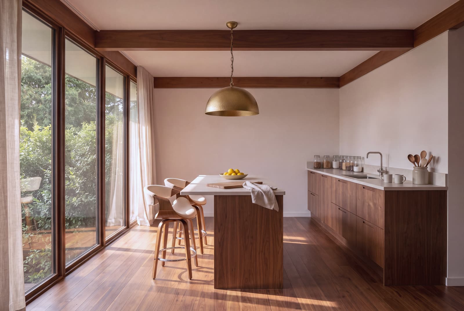 Mid-century modern design treats the kitchen as an architectural composition where built-in joinery and freestanding furniture share equal responsibility.