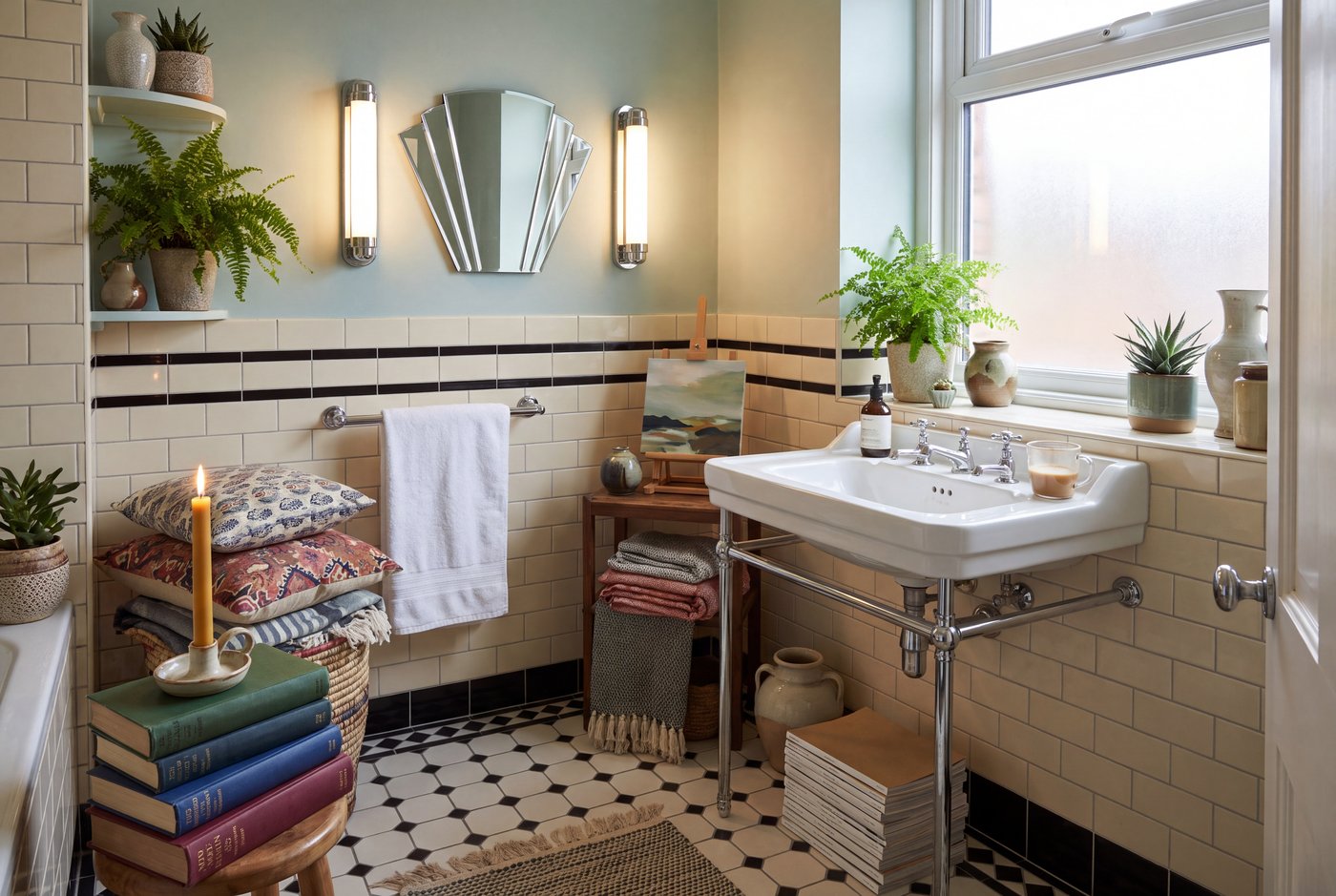An art deco bathroom with black and white geometric floor tile, a half-height tiled wall with a black border and a fan-topped mirror