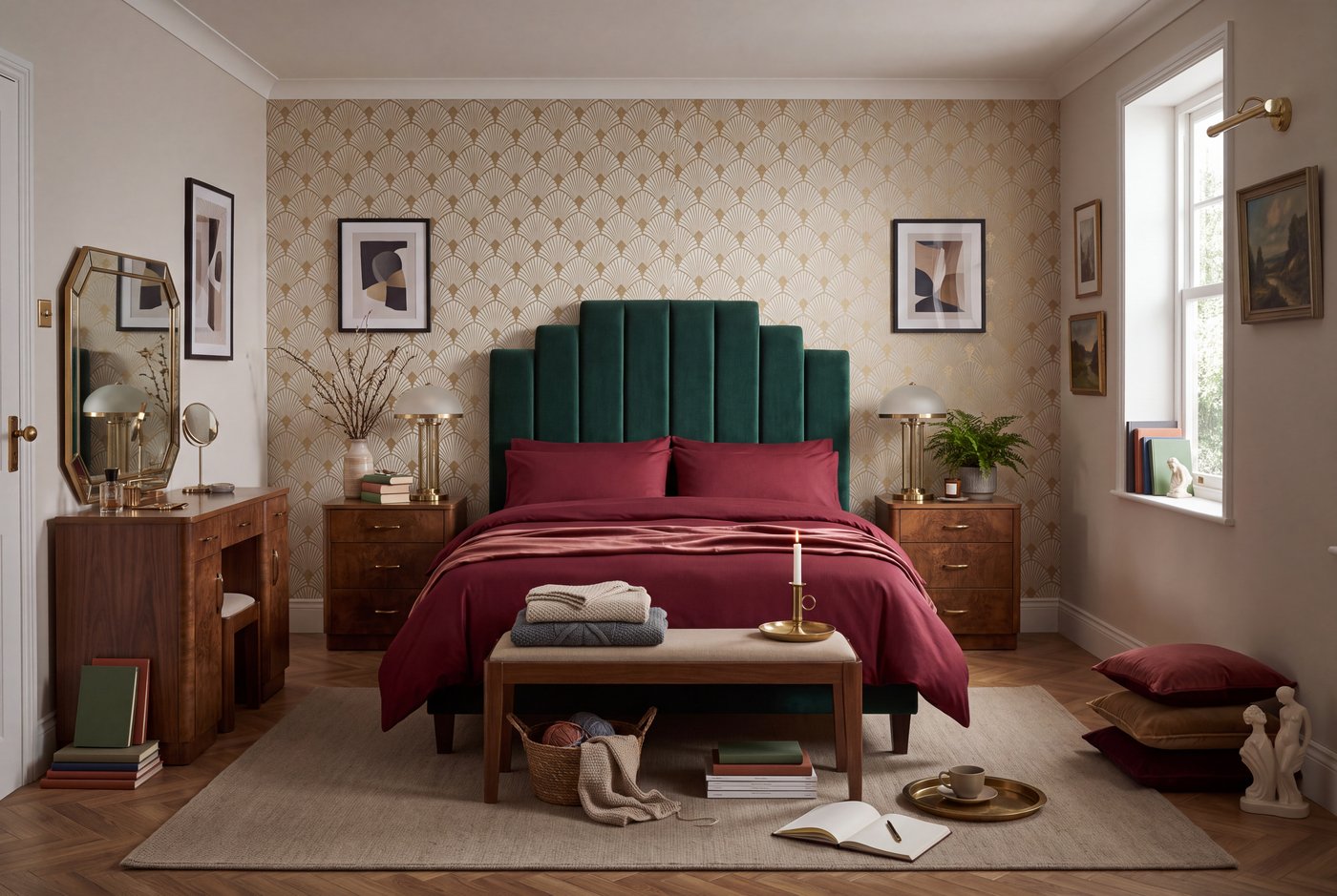 An art deco bedroom with a tall fluted velvet headboard, matching nightstands and lamps, and an octagonal dressing mirror