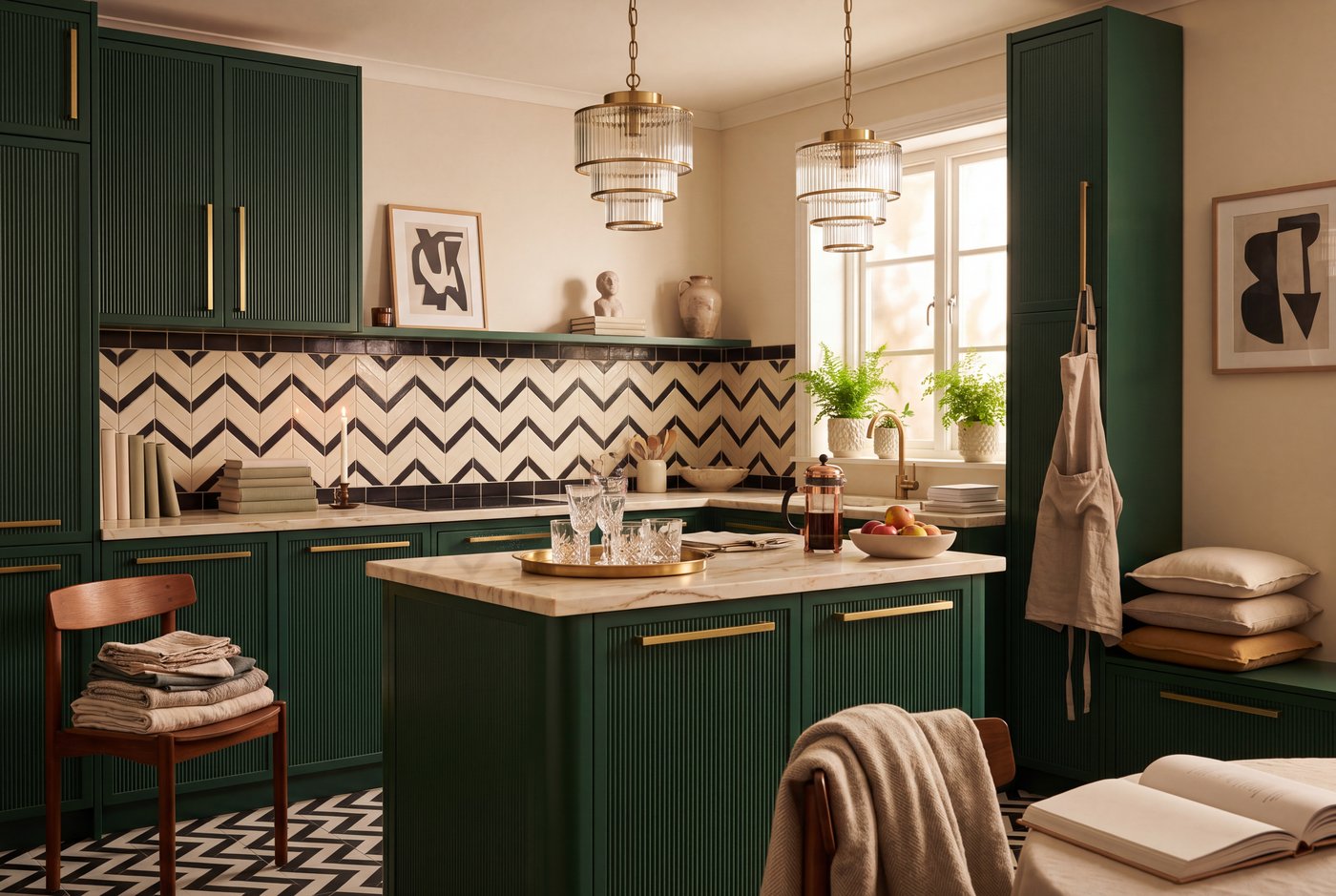 An art deco kitchen with fluted lacquered cabinet fronts in deep green, vertical brass pulls and a chevron tile backsplash