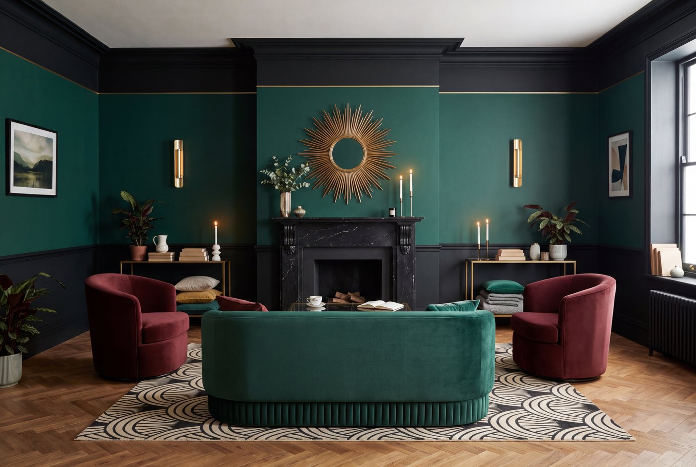 An art deco living room arranged symmetrically around a black marble fireplace, with a fluted emerald velvet sofa and a sunburst mirror