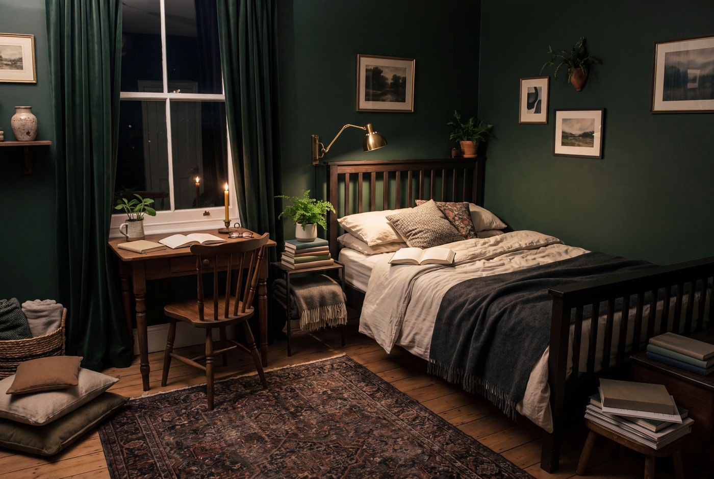 A dark academia bedroom with forest green walls, a dark stained spindle bed, ecru bedding under a charcoal wool blanket and a reading lamp