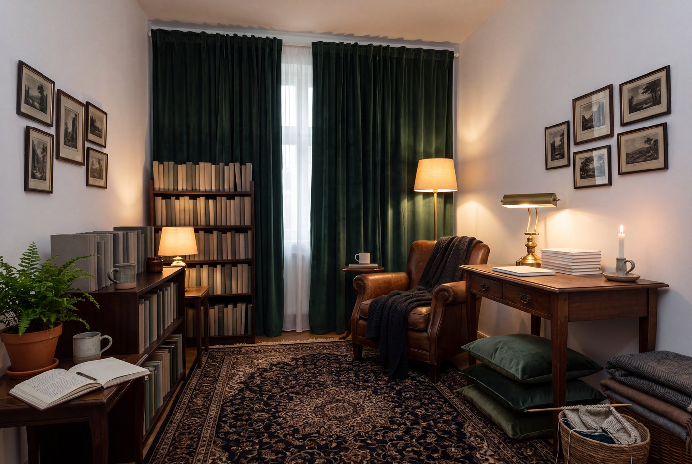 A dark academia rental corner in a white-walled room, carried by floor-length deep curtains, a dark rug, a full bookcase and three lamps