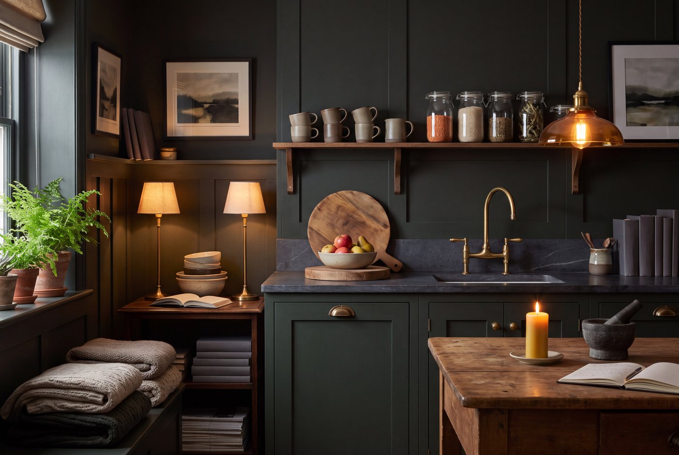 A dark academia kitchen with deep green cabinetry, brass hardware, a dark stone countertop and open shelves of plain stoneware