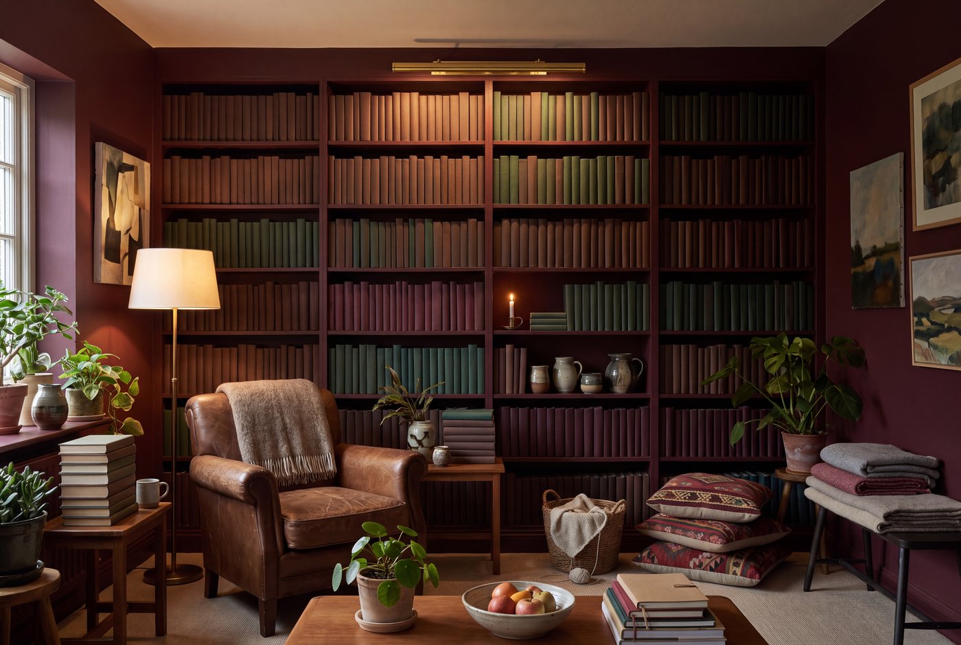 A full-height bookwall painted the same oxblood as the walls, filled edge to edge, with a picture light above and a leather reading chair