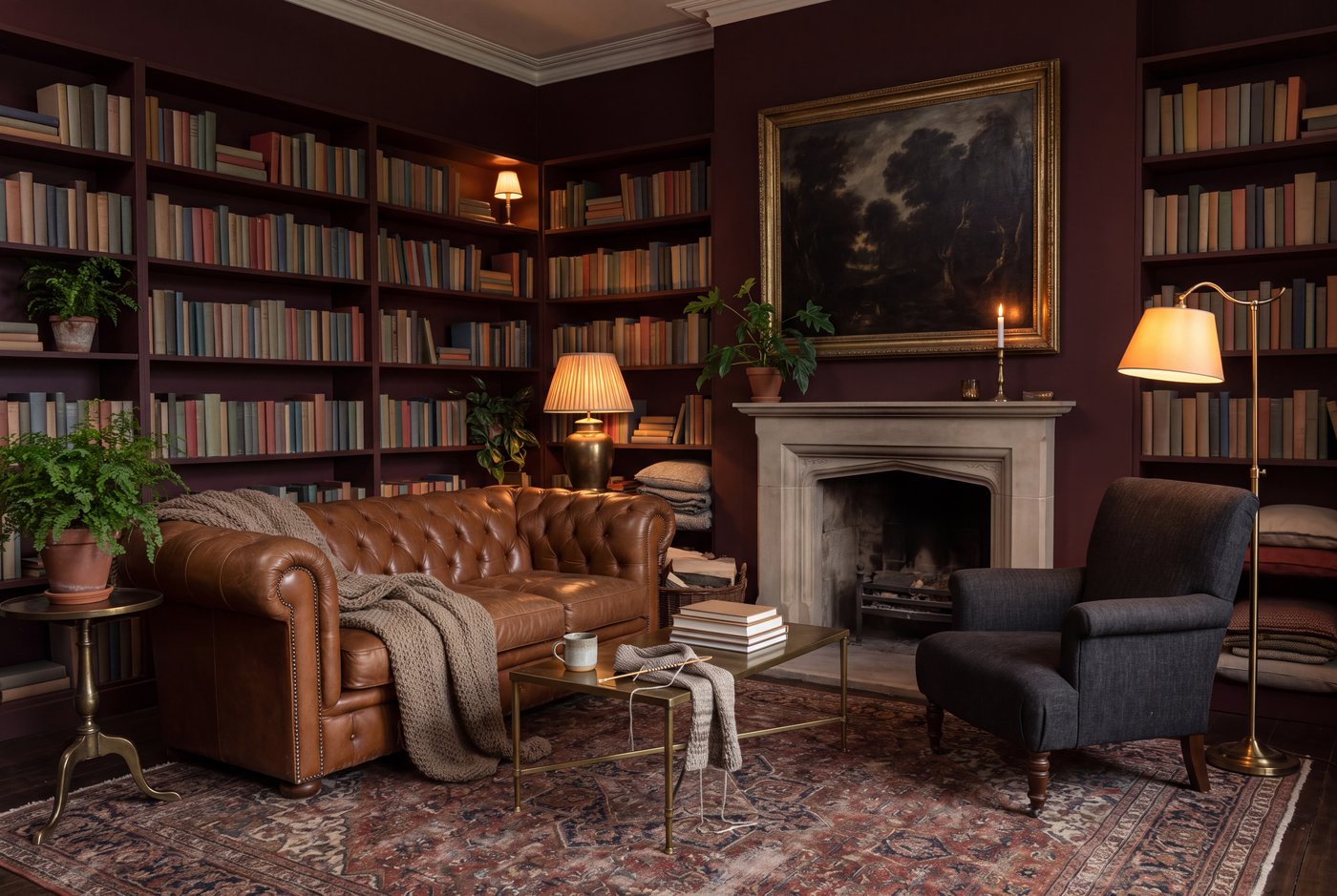 A dark academia living room with a cognac leather sofa, a full bookcase, a large dark landscape painting and lamplight at three heights