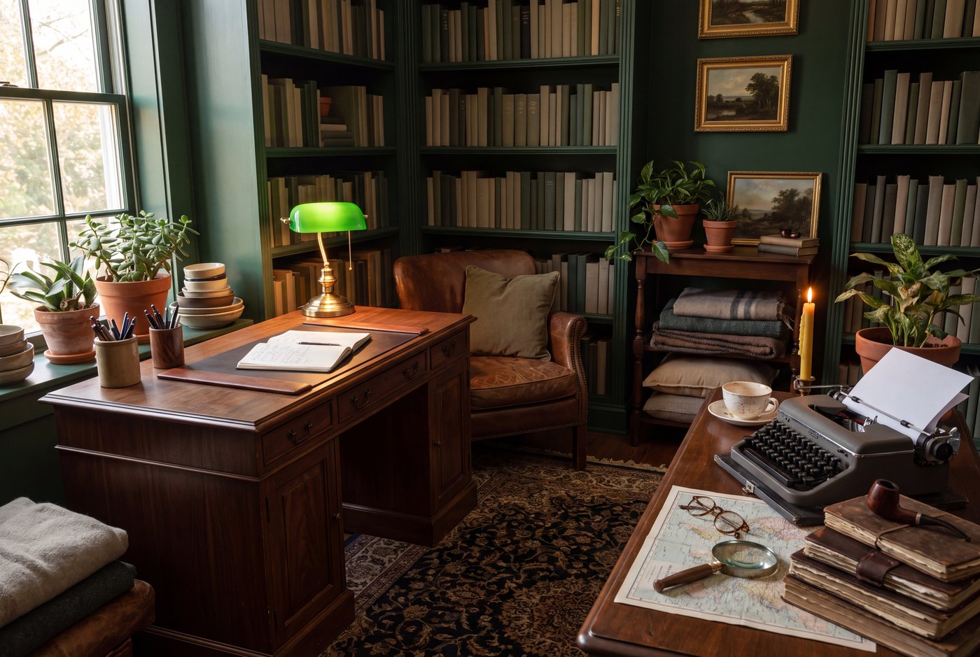 A dark academia study with a walnut pedestal desk set perpendicular to the window, a brass lamp with a green shade and floor-to-ceiling shelves