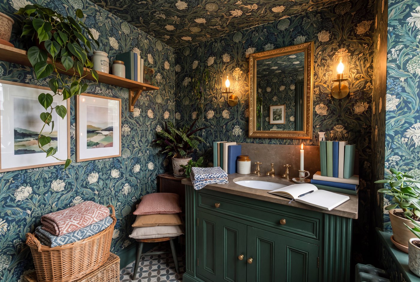 A maximalist bathroom papered floor to ceiling including the ceiling, with an antique vanity, brass fittings and a gilt mirror