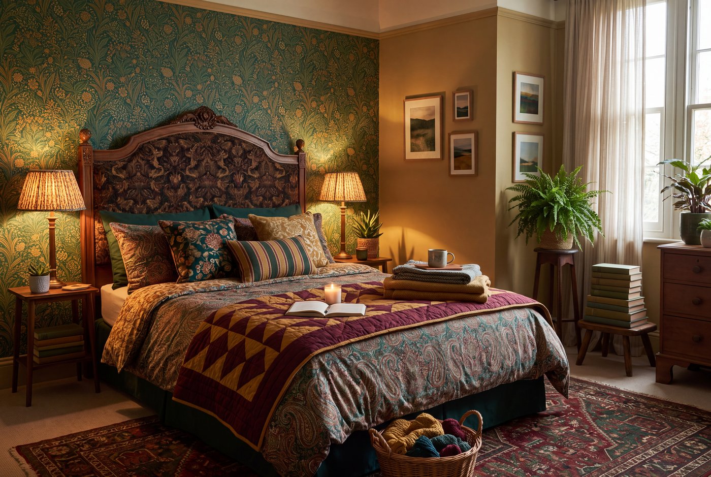 A maximalist bedroom with a patterned headboard wall, layered bedding in four patterns sharing a palette, and a calmer zone by the window