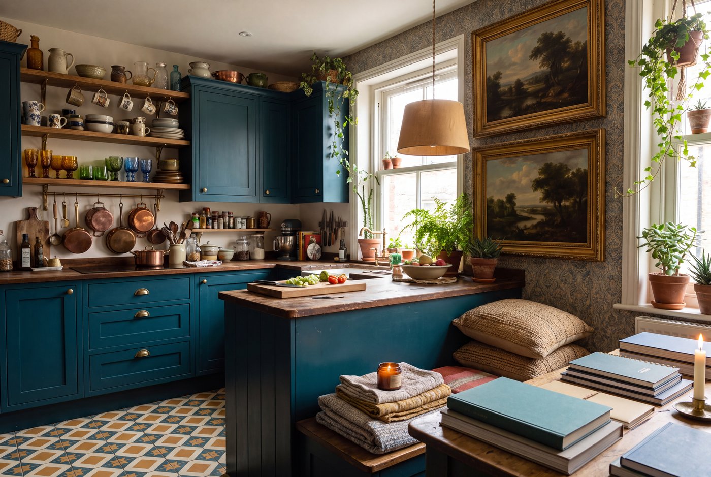 A maximalist kitchen with deep teal cabinetry, an encaustic patterned floor, mixed ceramics on open shelves and framed art on the wall