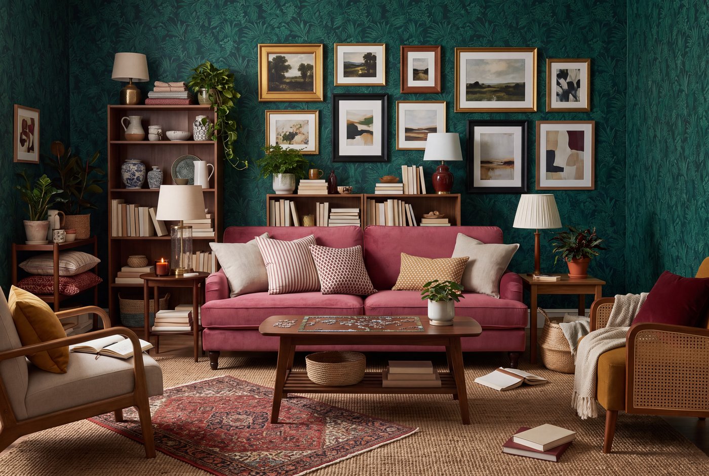 A maximalist living room with emerald botanical wallpaper, a deep pink velvet patterned sofa, layered rugs and a densely hung gallery wall