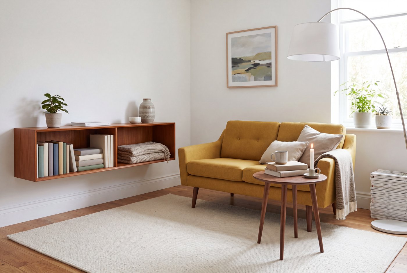 A small mid century modern room where every piece stands on high slim legs and wall-hung shelving keeps the floor plane unbroken