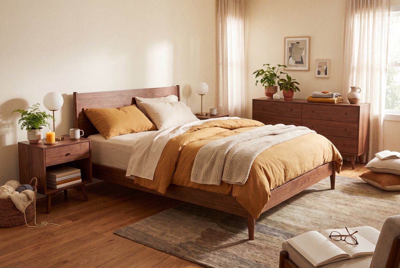 A mid century modern bedroom with a low walnut bed on visible legs, matching nightstands and globe lamps, and a long low dresser