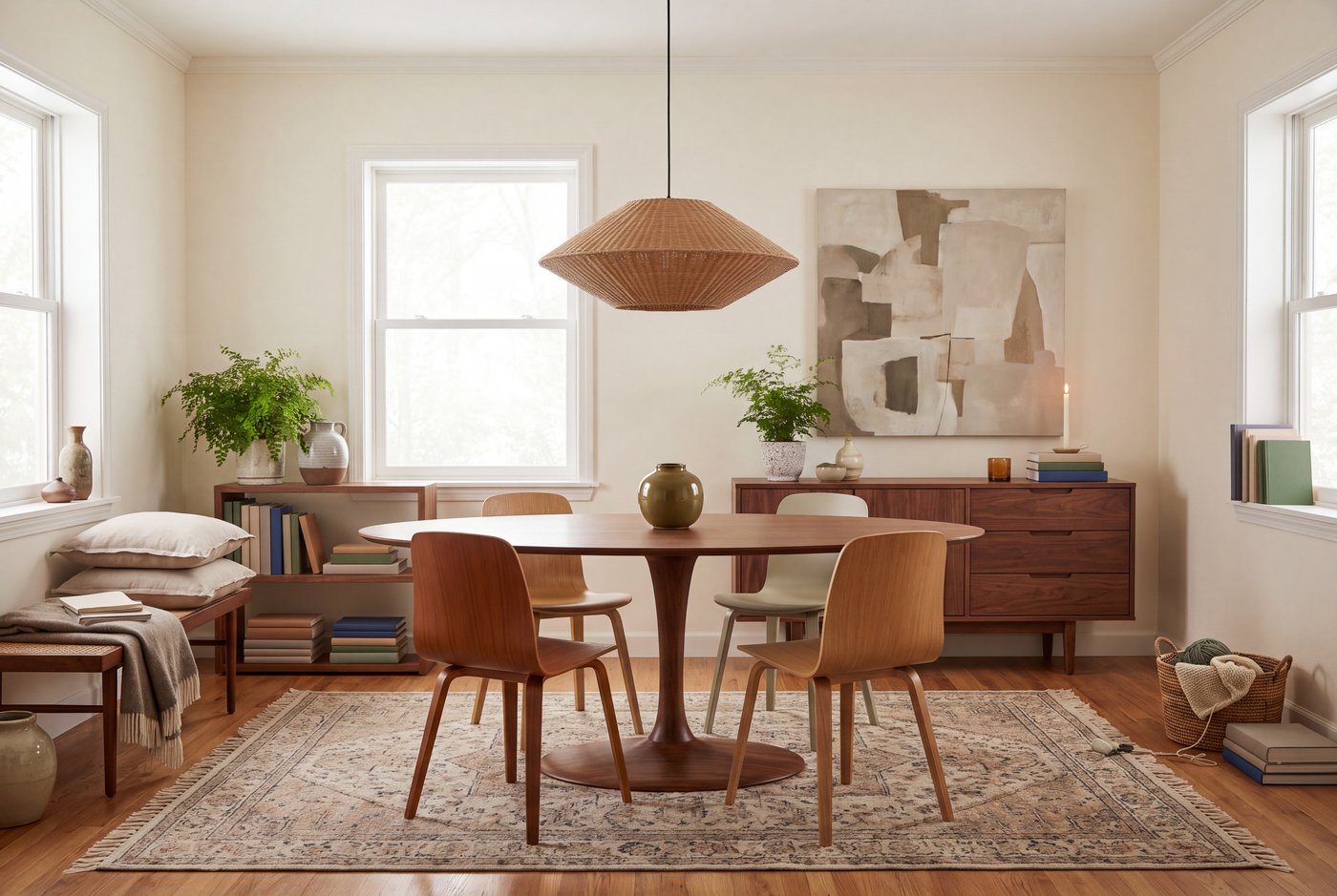 A mid century modern dining room with an oval walnut pedestal table, moulded chairs that do not match it and a low pendant