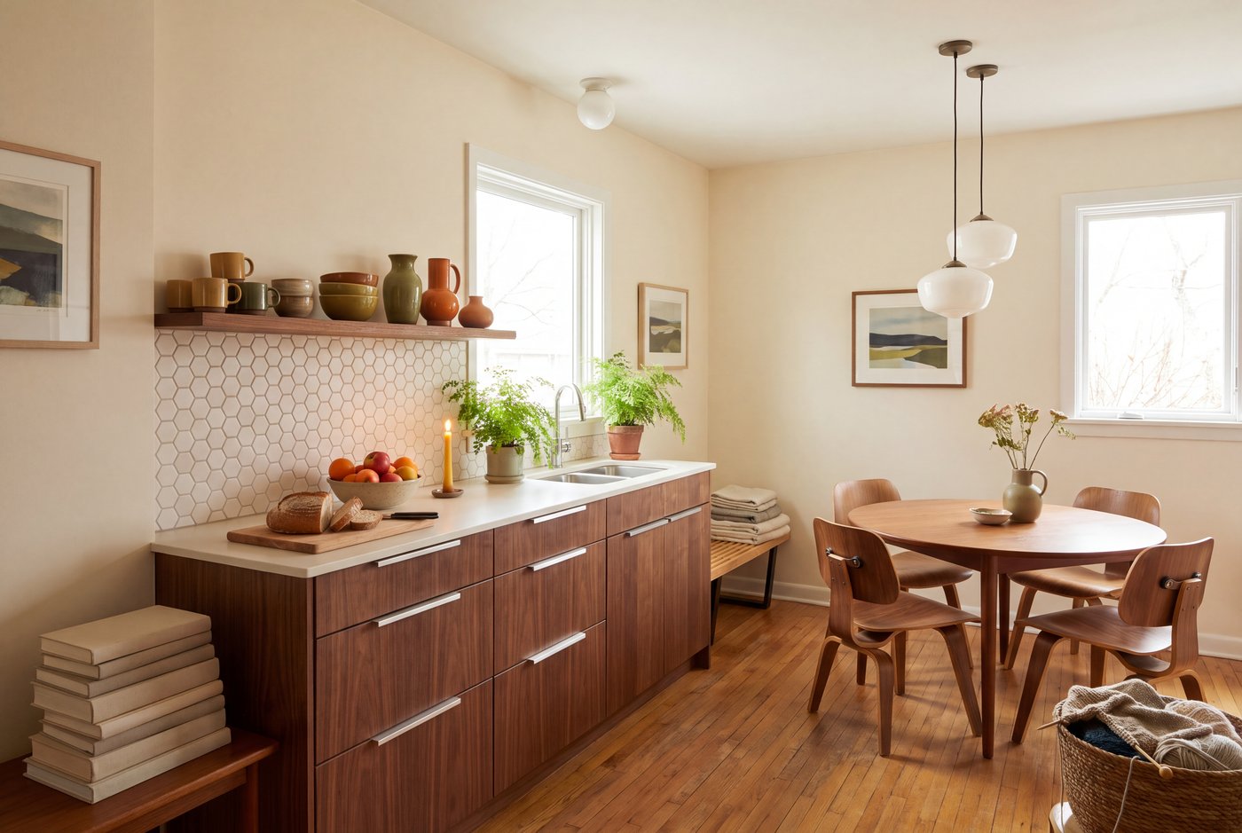 A mid century modern kitchen with flat-slab walnut cabinet fronts, long horizontal pulls and a hexagonal tile backsplash