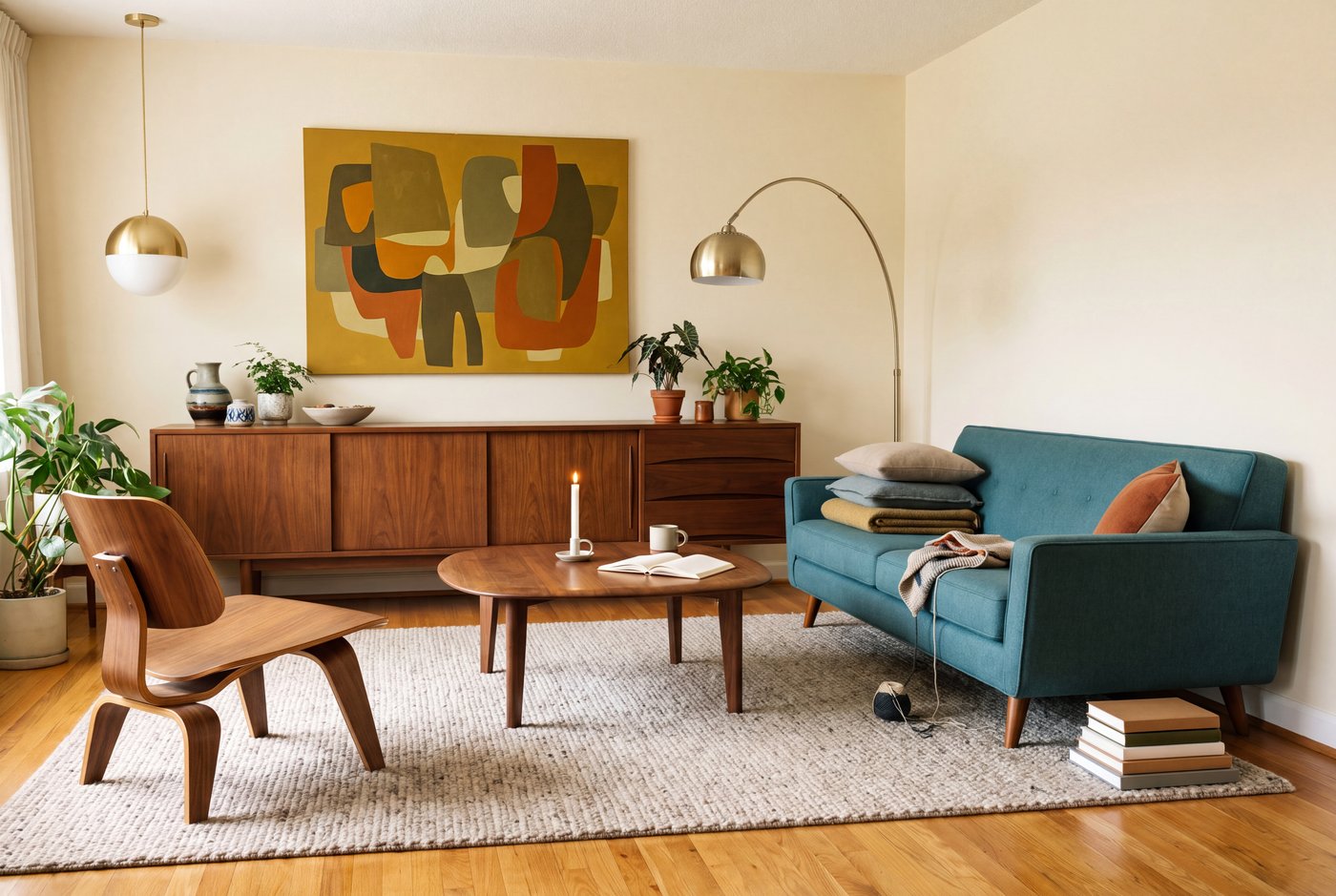 A mid century modern living room with a long low walnut credenza, a teal wool sofa on tapered legs and a moulded plywood lounge chair